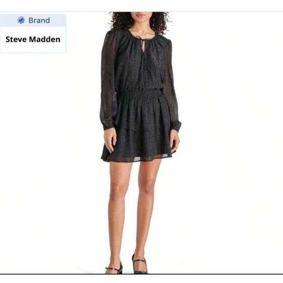 NWT Steve Madden Black Silver Long Sleeve Mini Dress Size Large - Picture 1 of 8